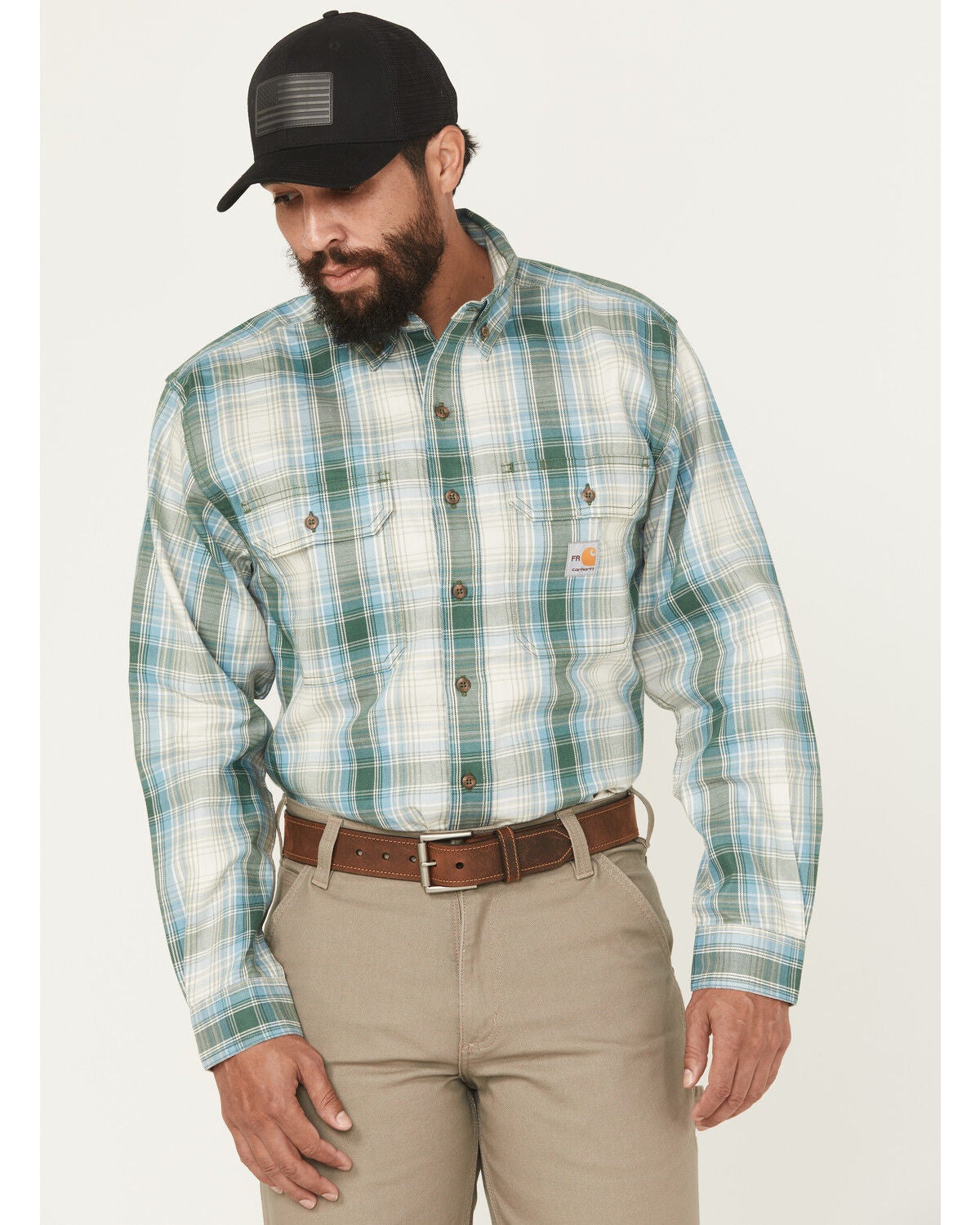 Carhart Men's FR Force Rugged Flex&reg; Loose Fit Midweight Plaid Print Long Sleeve Button-Down Work Shirt, Blue, hi-res