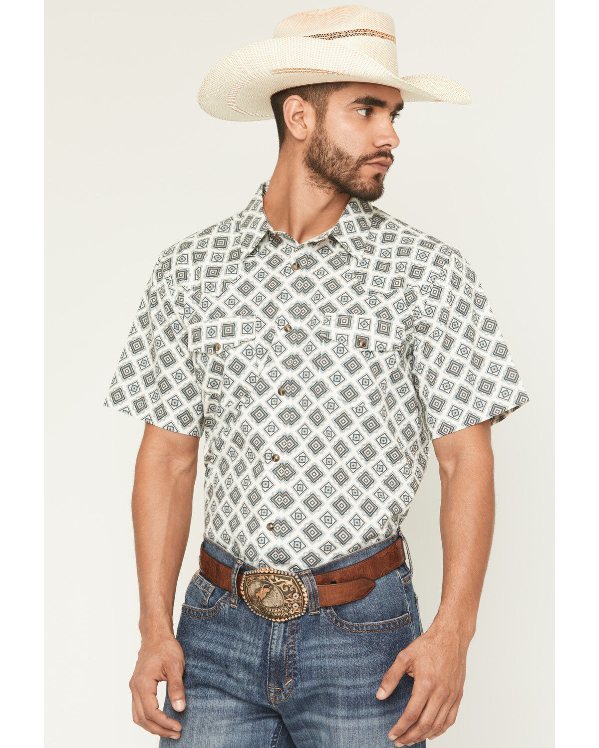 Image #1 - Gibson Trading Co Men's Time Warp Medallion Print Short Sleeve Snap Western Shirt - Tall, Ivory, hi-res