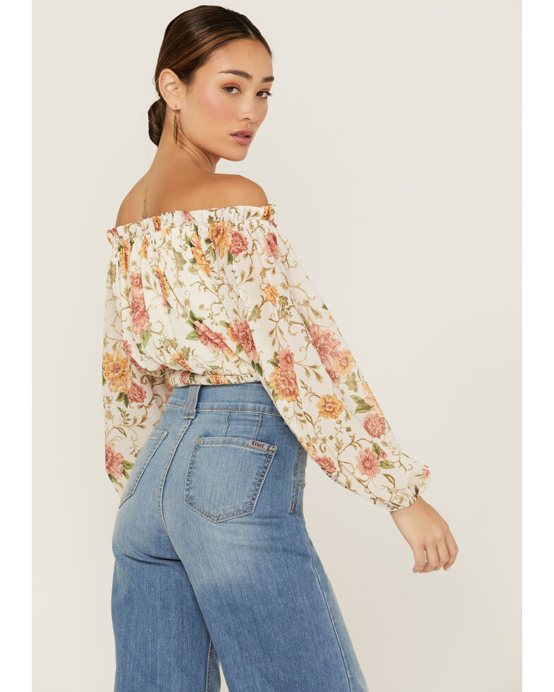 Flying Tomato Women's Floral Chiffon Off Shoulder Blouse, Ivory, hi-res