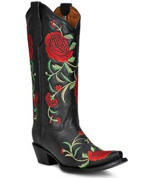 Corral Women's Flowered Embroidery Western Tall Boots - Snip Toe, Black, hi-res