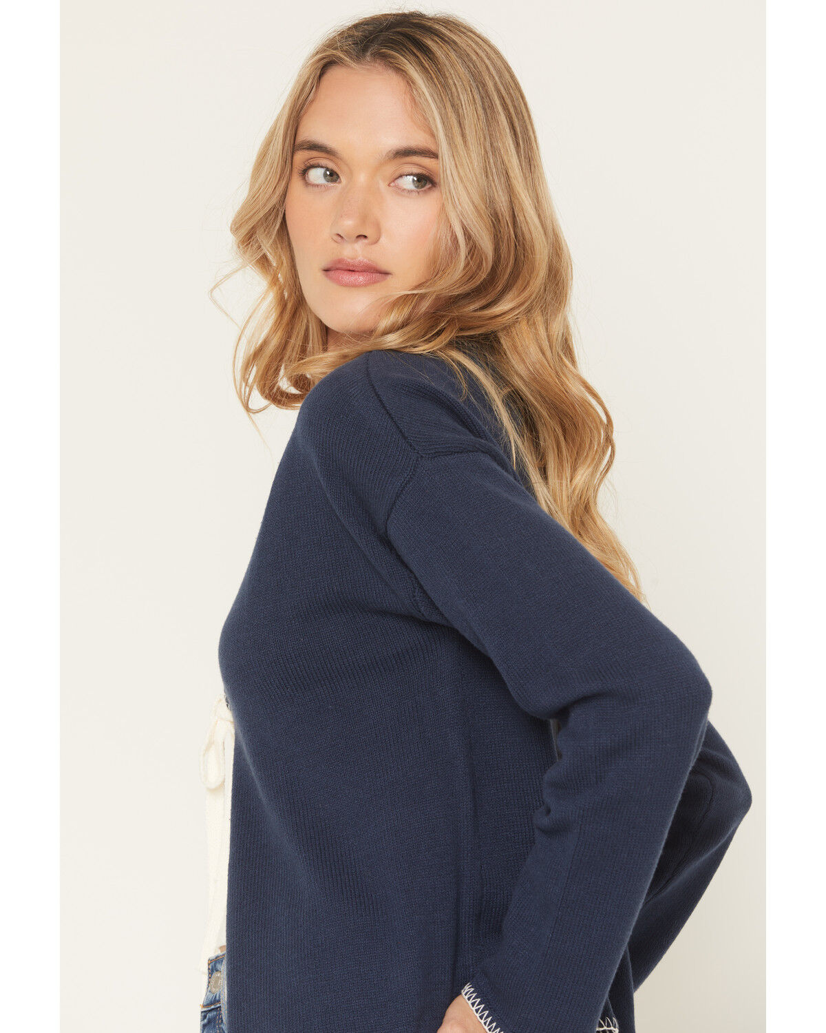 Image #2 - Originality Women's Whip Stitch Tie Front Sweater, Blue, hi-res