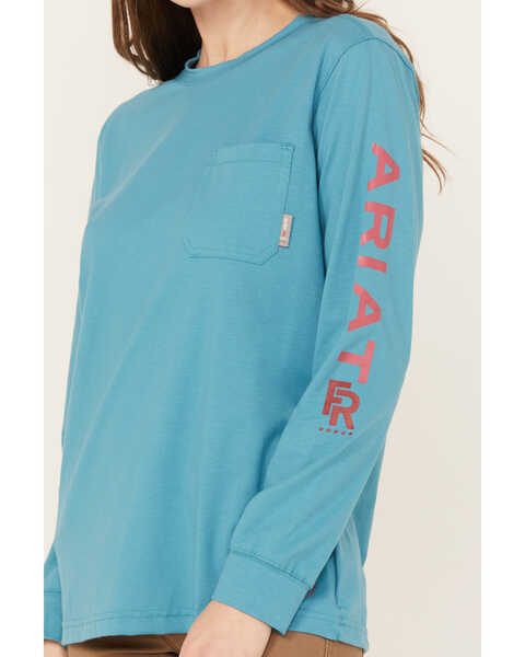 Ariat Women's FR Stretch Logo Long Sleeve Work Shirt, Light Blue, hi-res