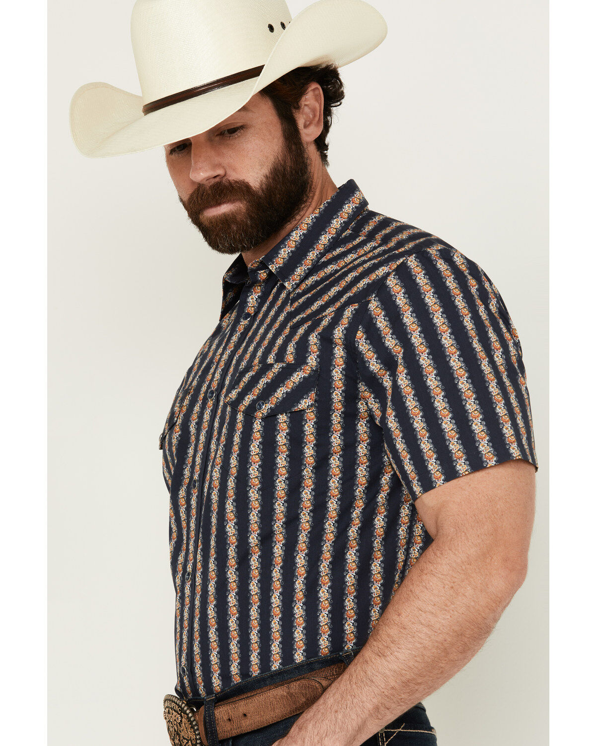 Image #2 - Gibson Men's Belmont Striped Short Sleeve Snap Western Shirt, Navy, hi-res