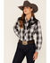 Roper Women's Plaid Print Long Sleeve Snap Western Shirt, Black, hi-res