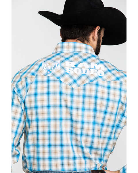 Wrangler Men's Plaid Ram Logo Long Sleeve Western Shirt , Blue, hi-res