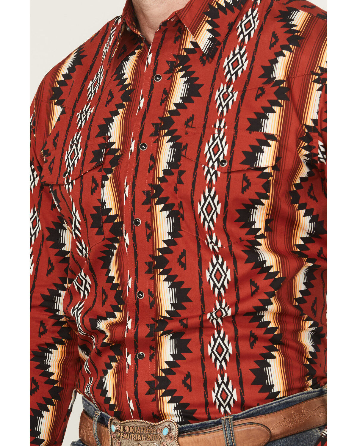 Image #3 - Wrangler Men's Checotah Southwestern Striped Print Long Sleeve Snap Western Shirt, Red, hi-res