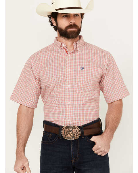 Ariat Men's Duke Plaid Print Short Sleeve Button-Down Performance Western Shirt - Tall , Red, hi-res