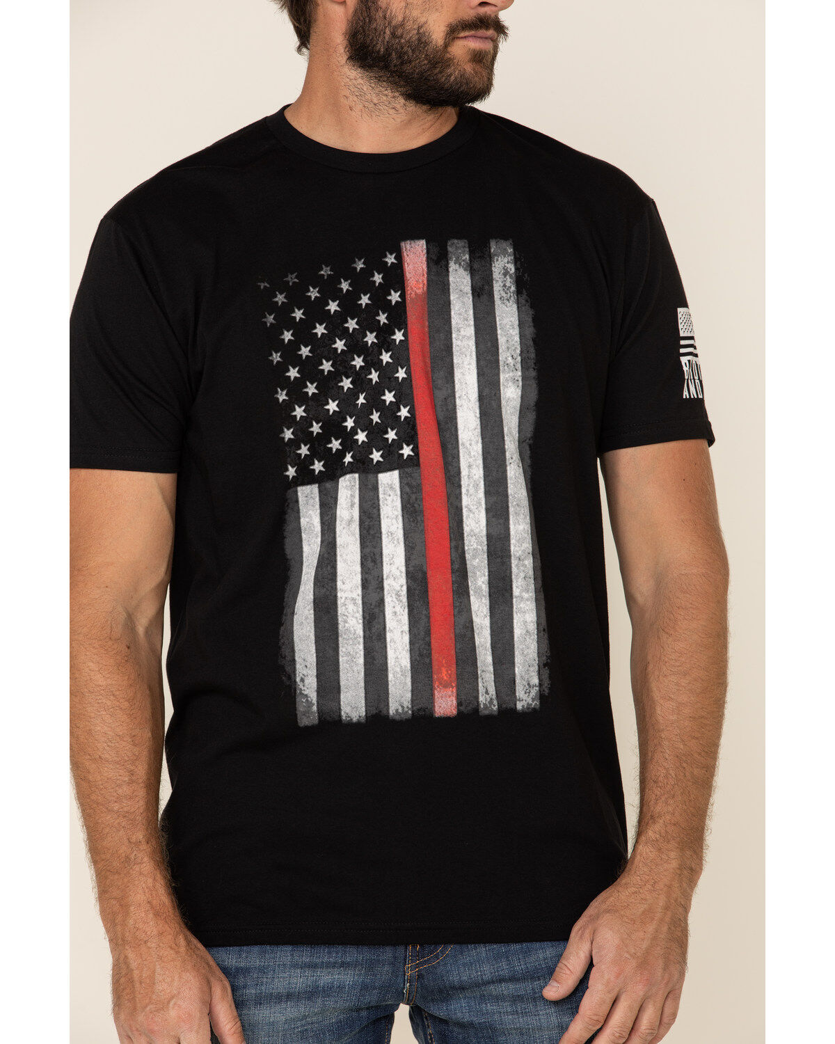 Image #1 - Brothers & Arms Men's Red Line Flag Graphic Short Sleeve T-Shirt, Black, hi-res