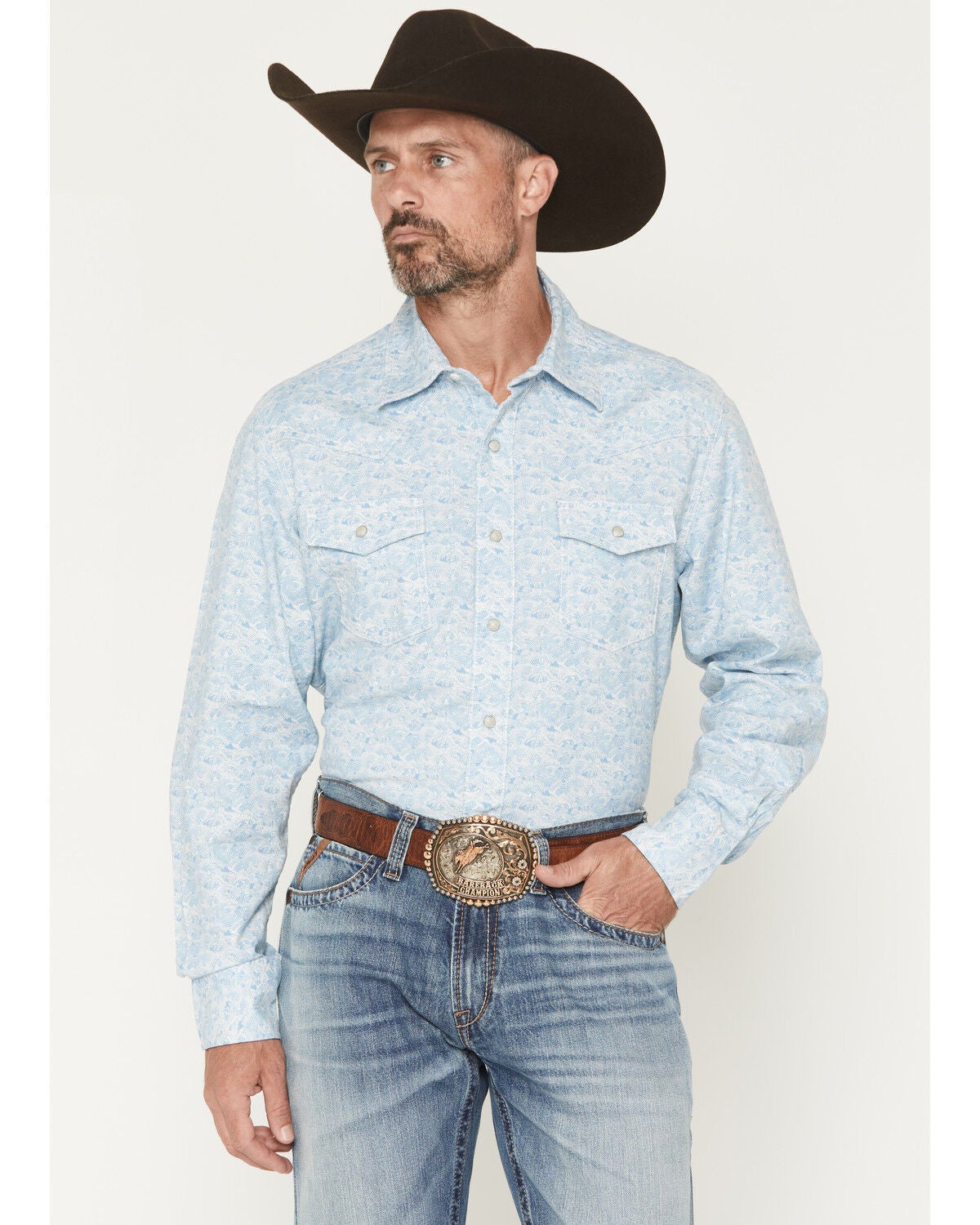 Wrangler Retro Men's Geo Print Long Sleeve Snap Western Shirt, Blue, hi-res