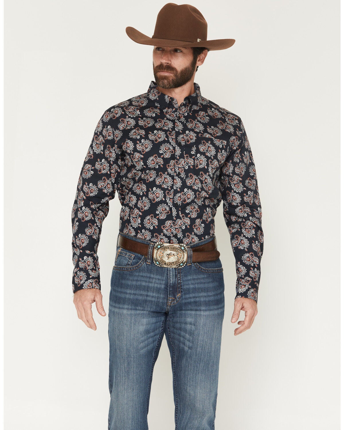 Image #1 - Cody James Men's Truett Paisley Print Long Sleeve Button-Down Western Shirt, Black, hi-res