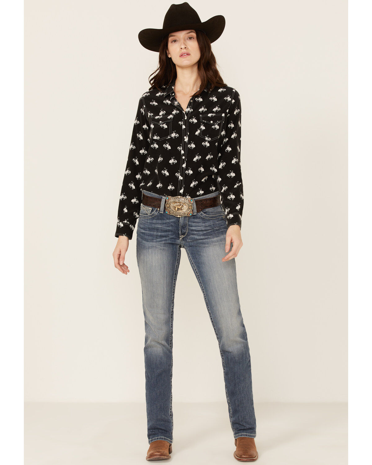 Image #4 - RRR Women's Bucking Horse Print Long Sleeve Snap Western Shirt, Black, hi-res
