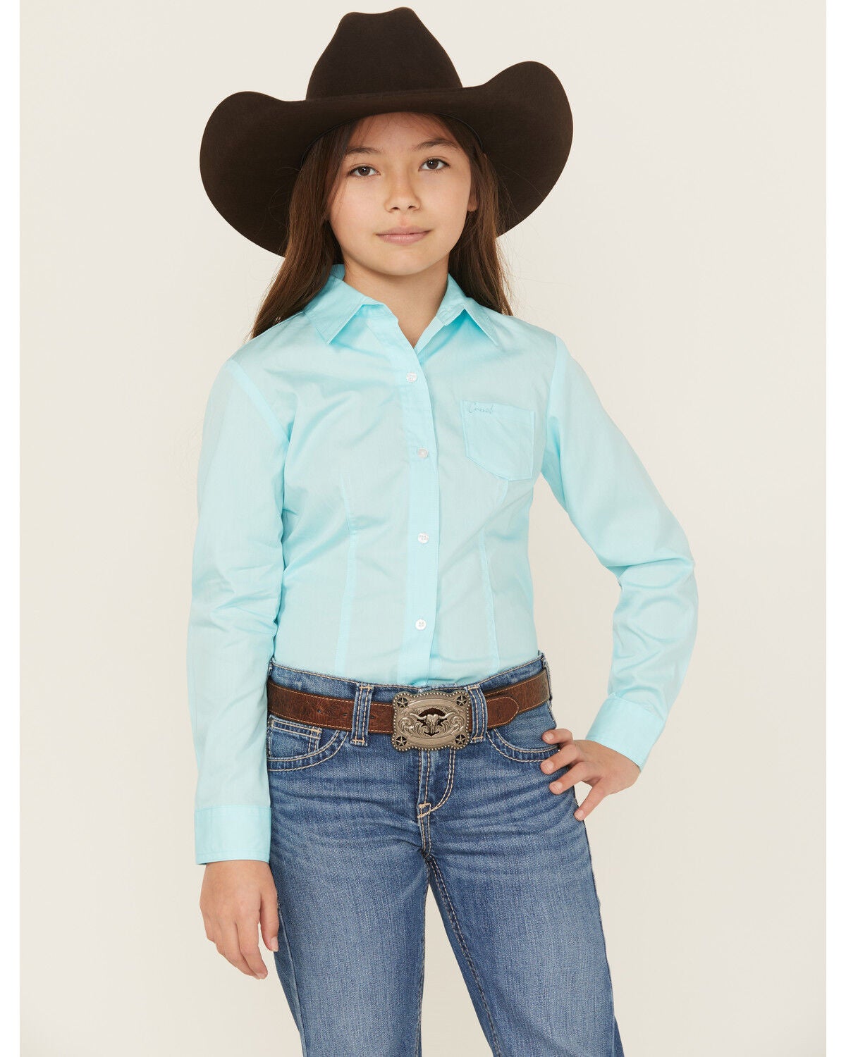 Cruel Girl Girls' Solid Long Sleeve Button-Down Western Shirt, Turquoise, hi-res