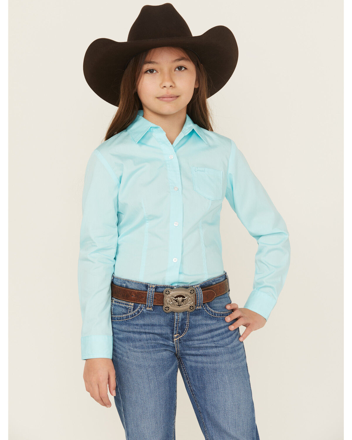 Image #1 - Cruel Girl Girls' Solid Long Sleeve Button-Down Western Shirt, Turquoise, hi-res