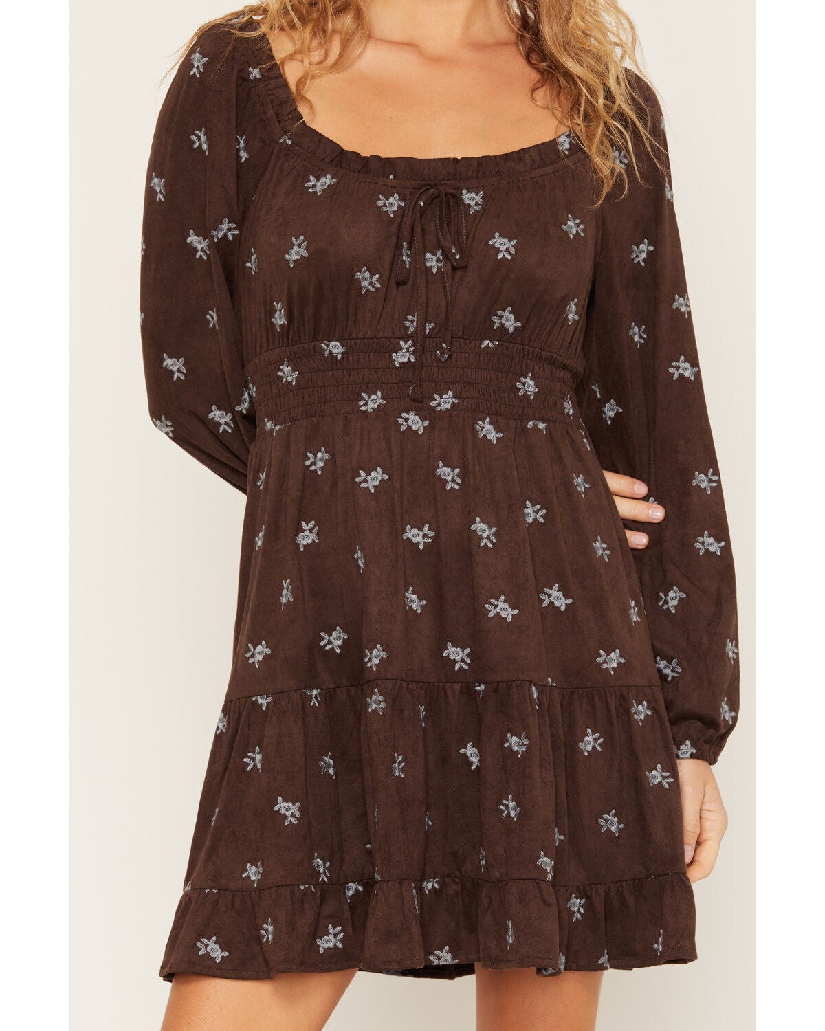 Image #3 - June & Hudson Women's Floral Embroidered Faux Suede Long Sleeve Mini Dress, Chocolate, hi-res