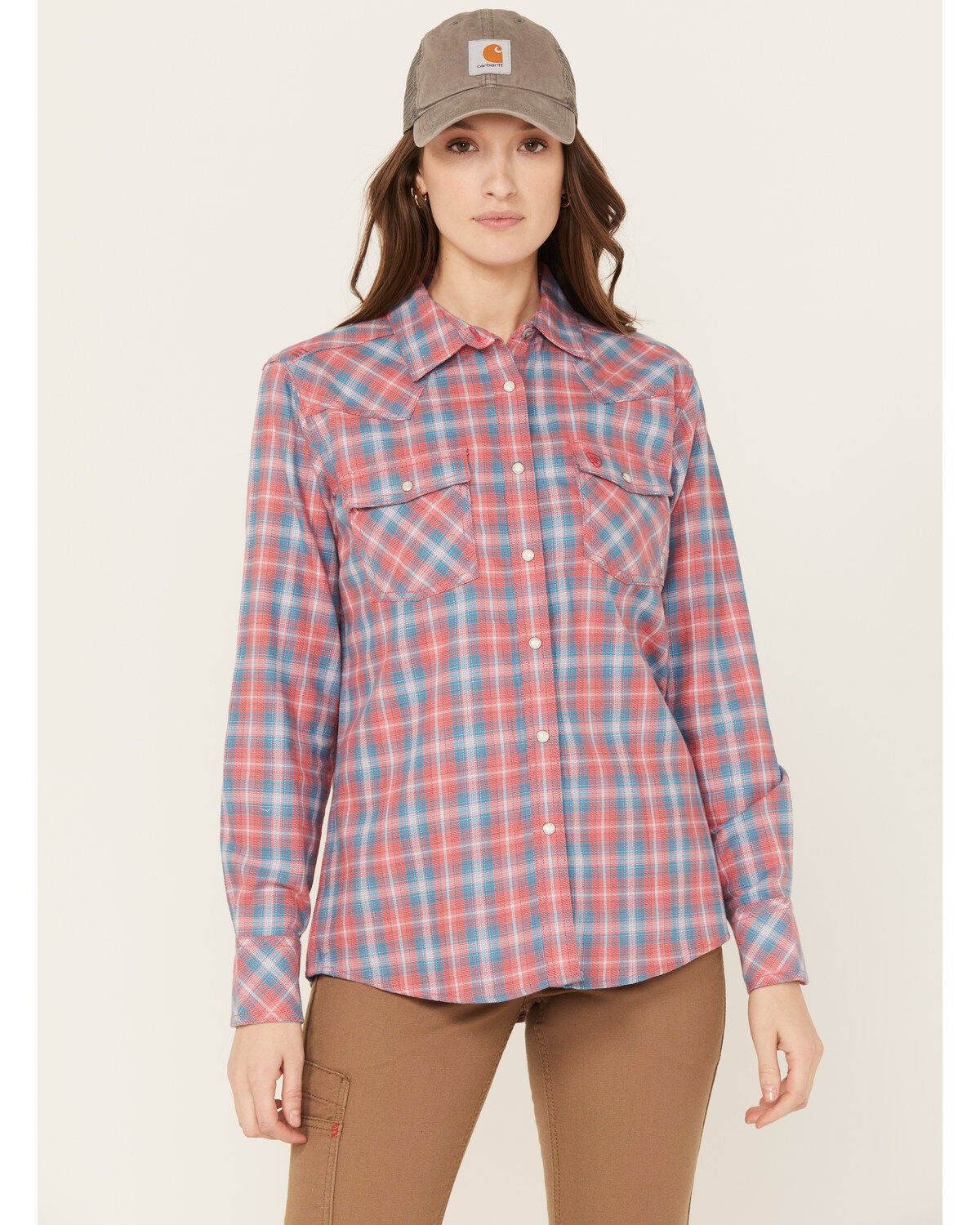 Ariat Women's FR Plaid Print Long Sleeve Button-Down Work Shirt, Coral, hi-res