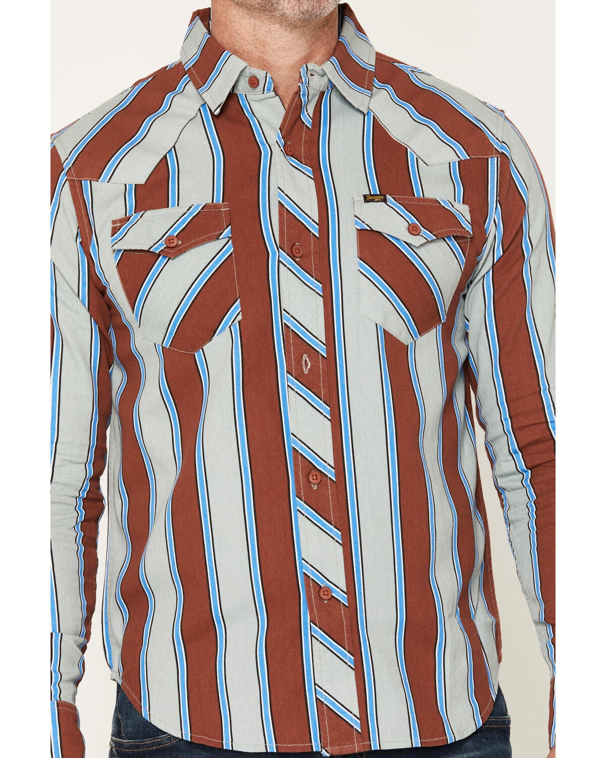 Image #3 - Seager Men's Amarillo Striped Long Sleeve Button-Down Western Shirt, Red, hi-res