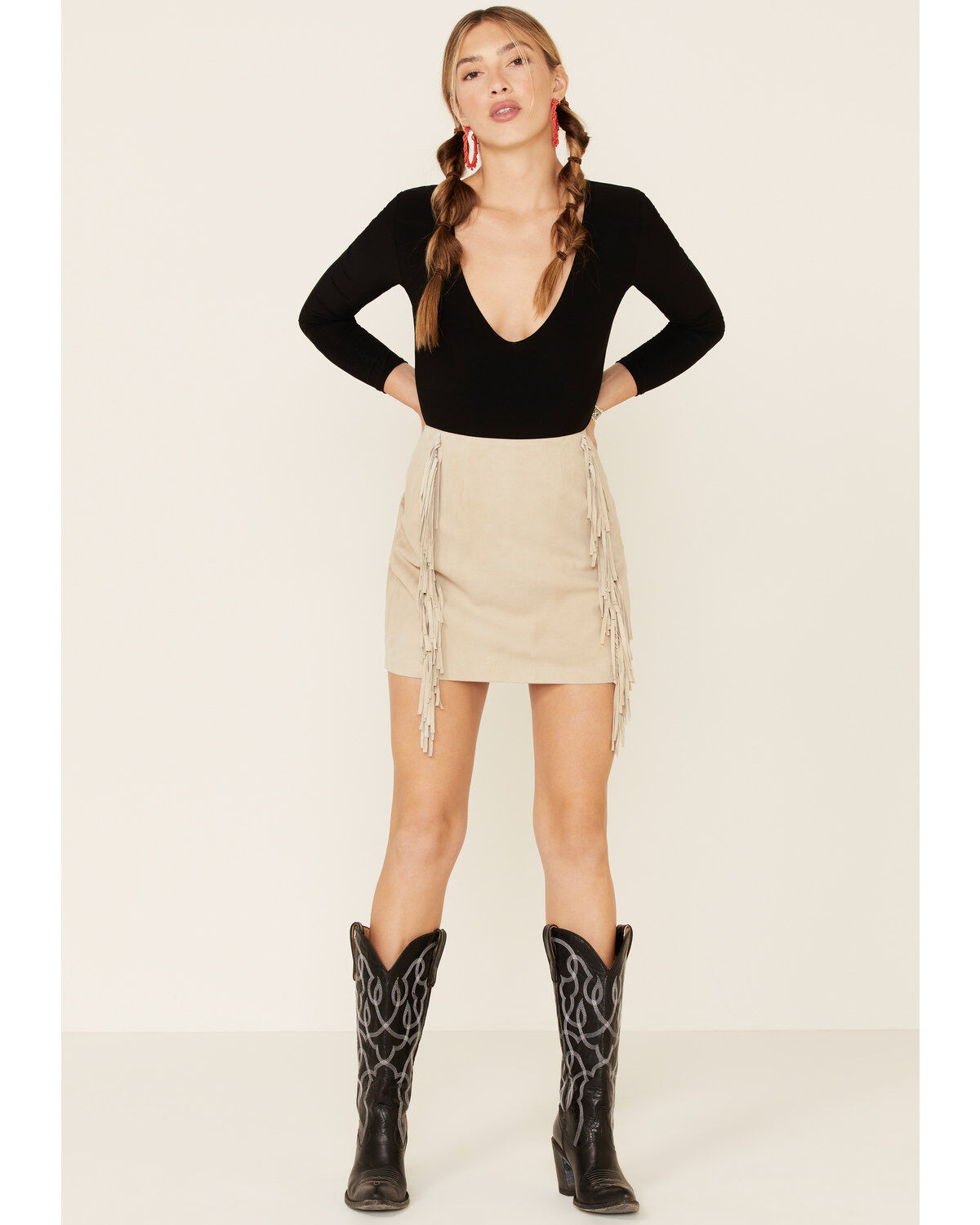 Image #1 - Double D Ranch Women's Gathered Stories Fringe Skirt, Cream, hi-res