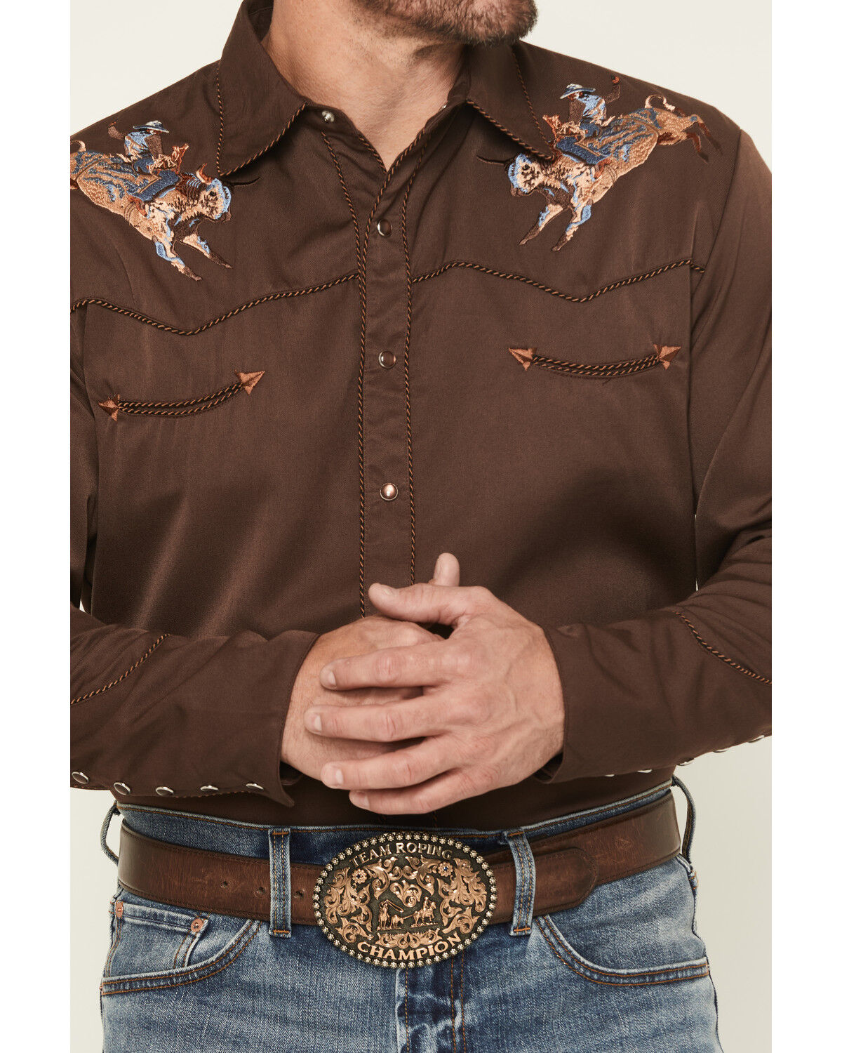 Image #3 - Scully Men's Cowboy Embroidered Long Sleeve Pearl Snap Western Shirt, Chocolate, hi-res