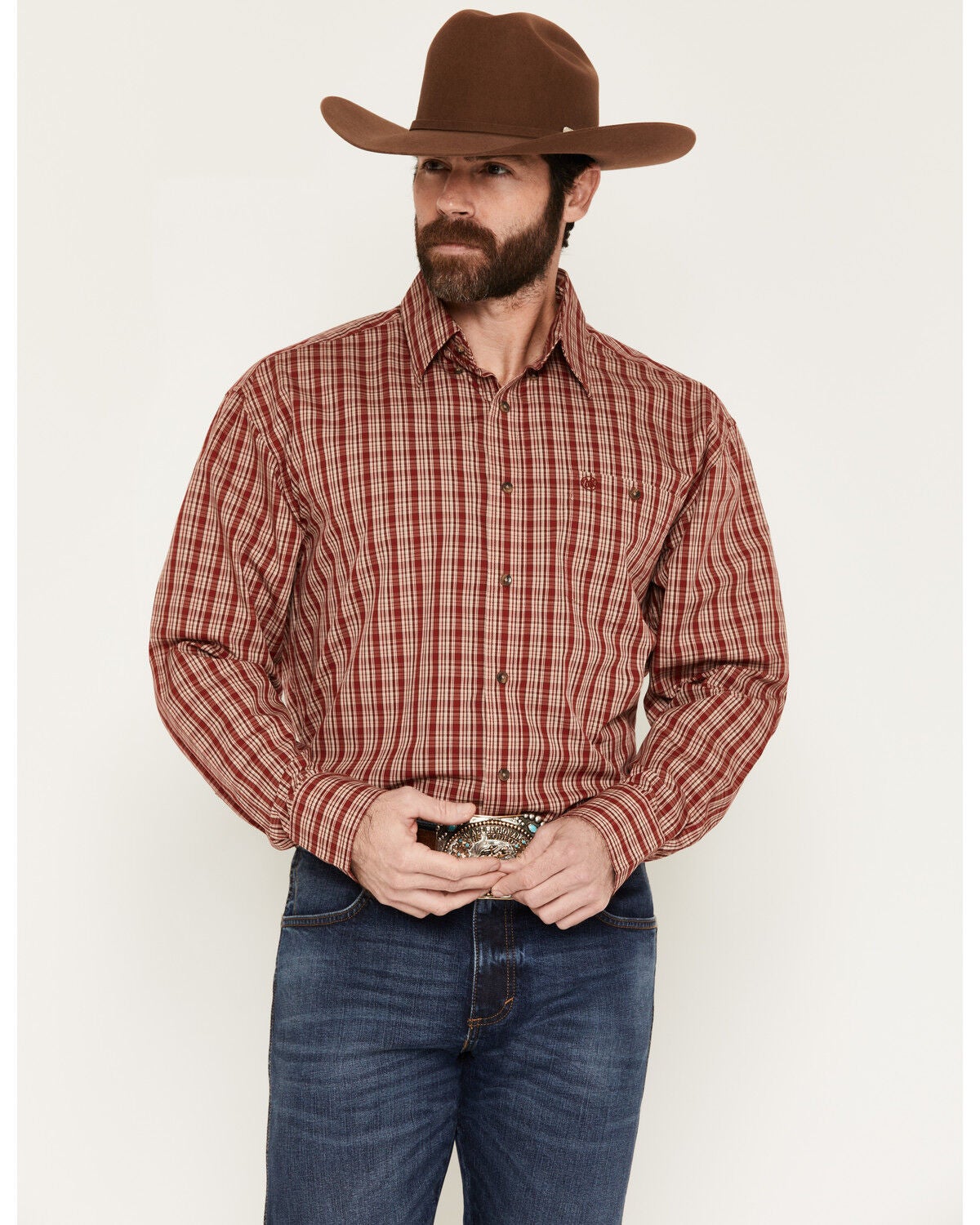 Wrangler Men's Classic Plaid Print Long Sleeve Button-Down Western Shirt, Red, hi-res