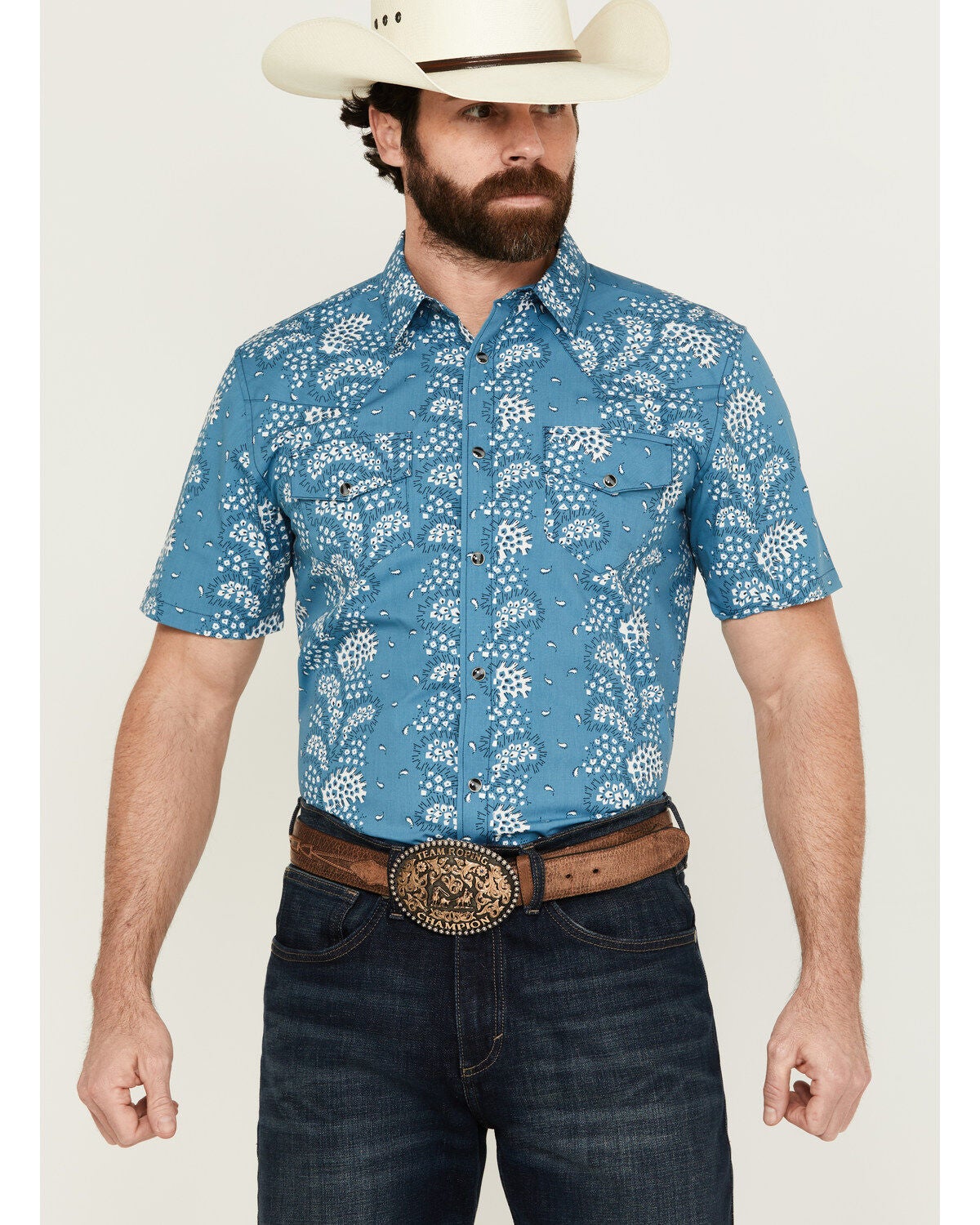 Gibson Men's Hayes Abstract Paisley Print Short Sleeve Snap Western Shirt, Light Blue, hi-res