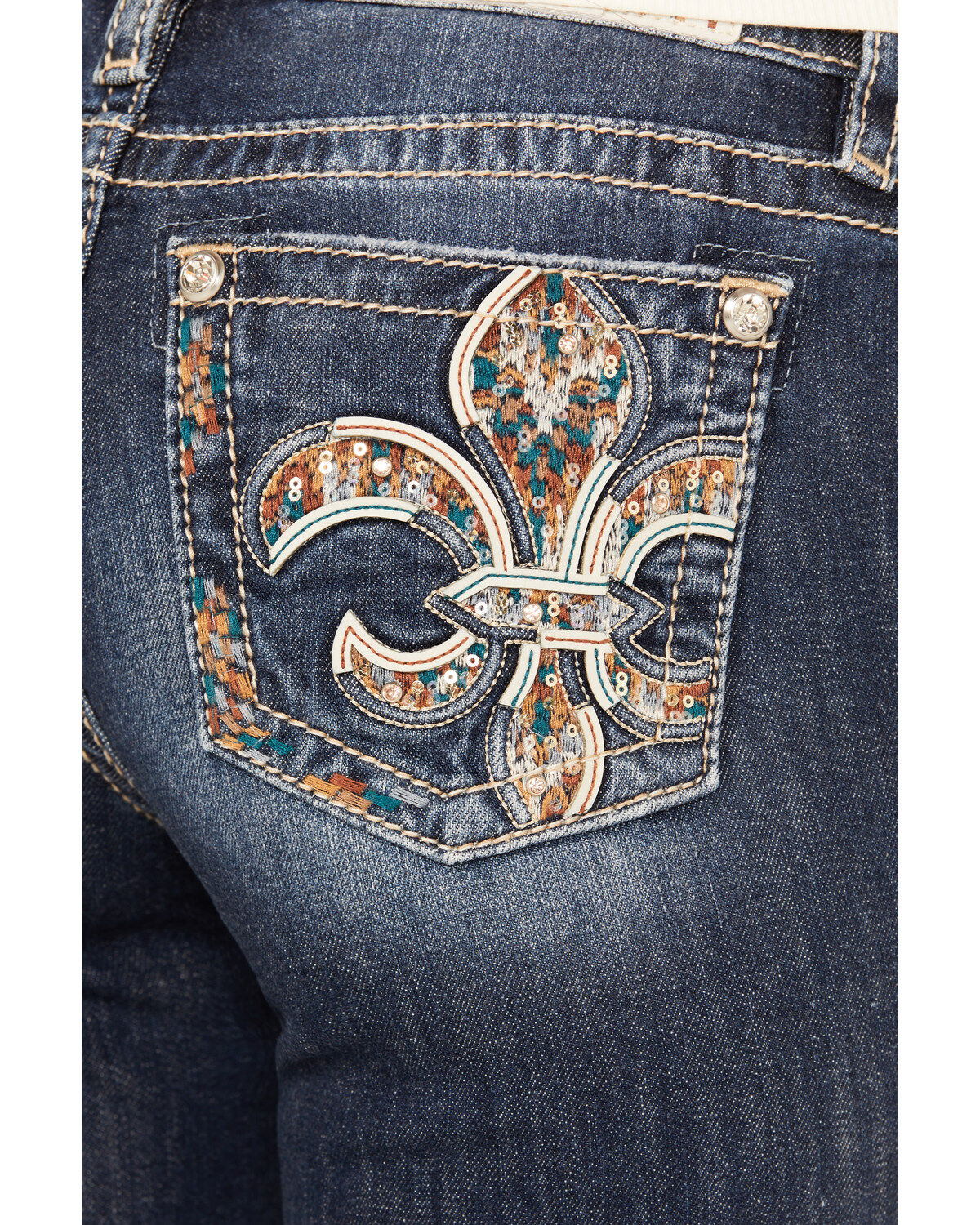 Image #2 - Miss Me Women's Dark Wash Mid Rise 34" Bootcut Stretch Denim Jeans, Dark Wash, hi-res