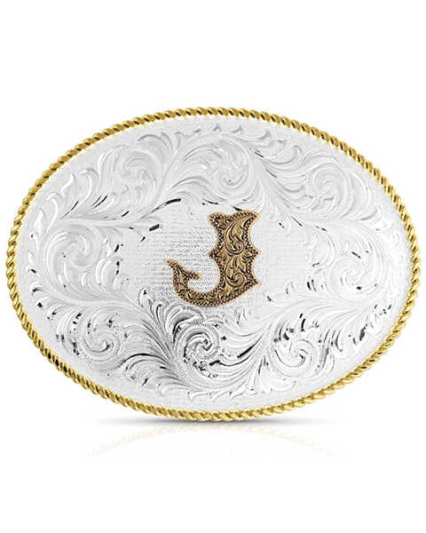 Montana Silversmiths Classic Western Oval Two-Tone Initial Belt Buckle - J, Silver, hi-res