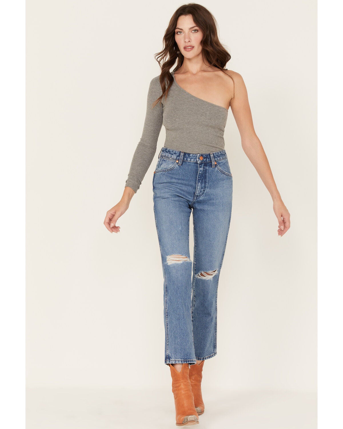 Wrangler Women's Wild West 603 Light Wash Patty High Rise Distressed Cropped Straight Jeans, Blue, hi-res