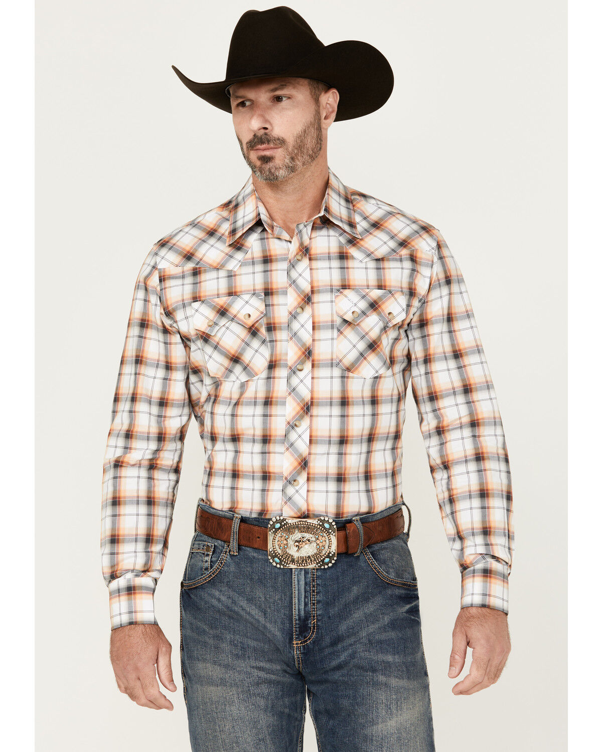 Image #1 - Wrangler Retro Men's Plaid Print Long Sleeve Snap Western Shirt, Orange, hi-res