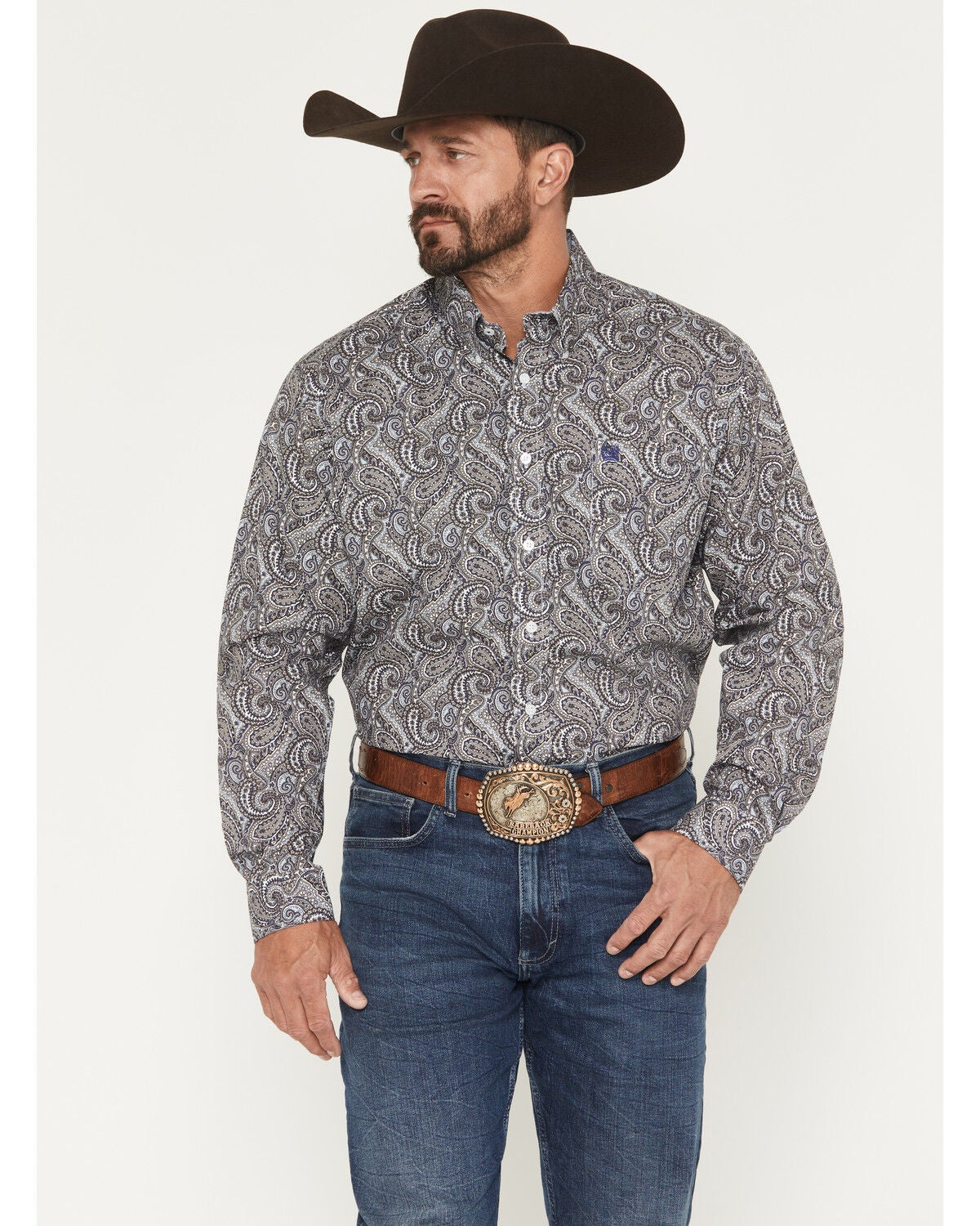 Cinch Men's Paisley Print Long Button-Down Western Shirt, Purple, hi-res