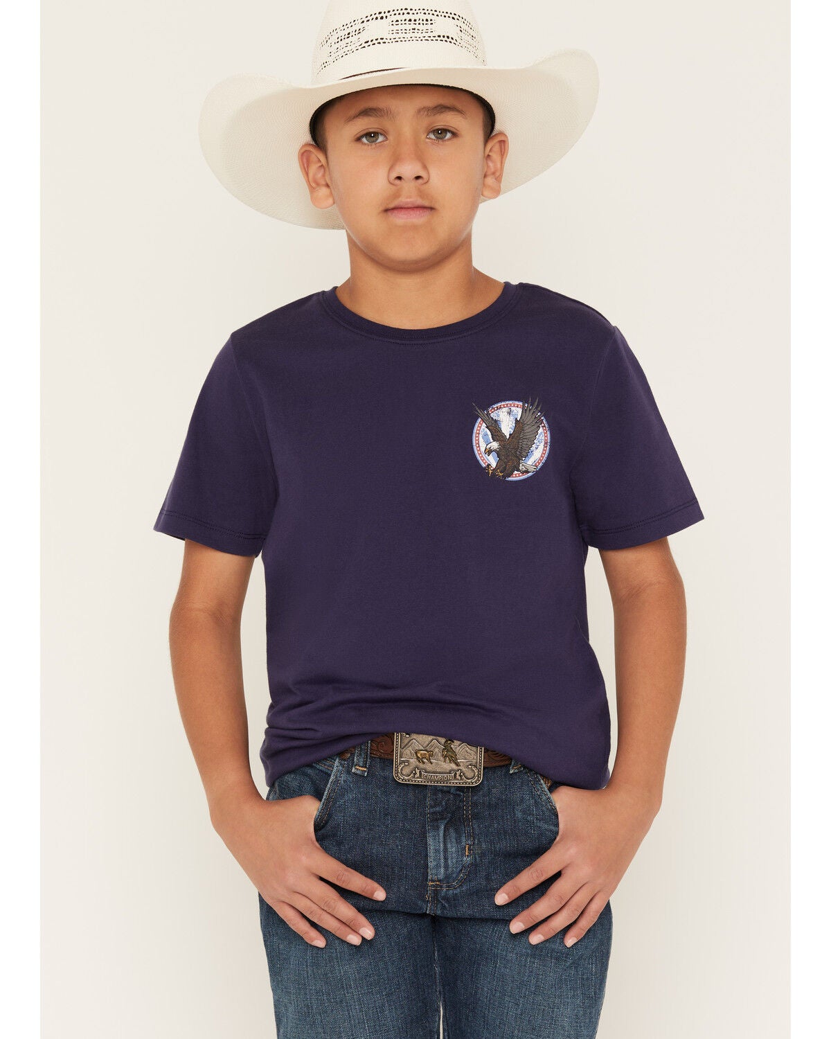 Image #2 - Sable Sky Boys' Eagle And Flag Short Sleeve Graphic T-Shirt, Navy, hi-res