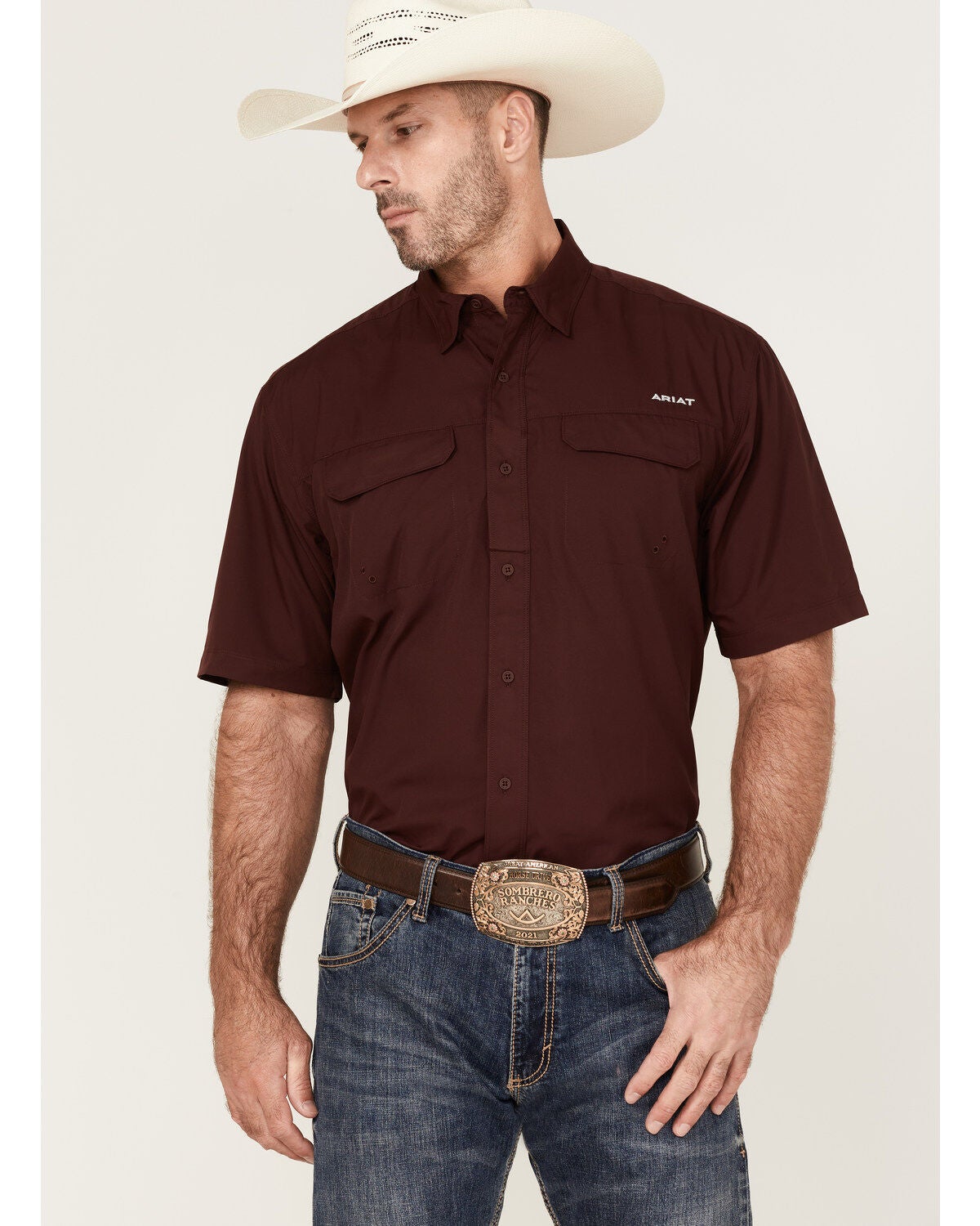 Ariat Men's VentTEK Outbound Short Sleeve Button-Down Shirt - Tall, Burgundy, hi-res