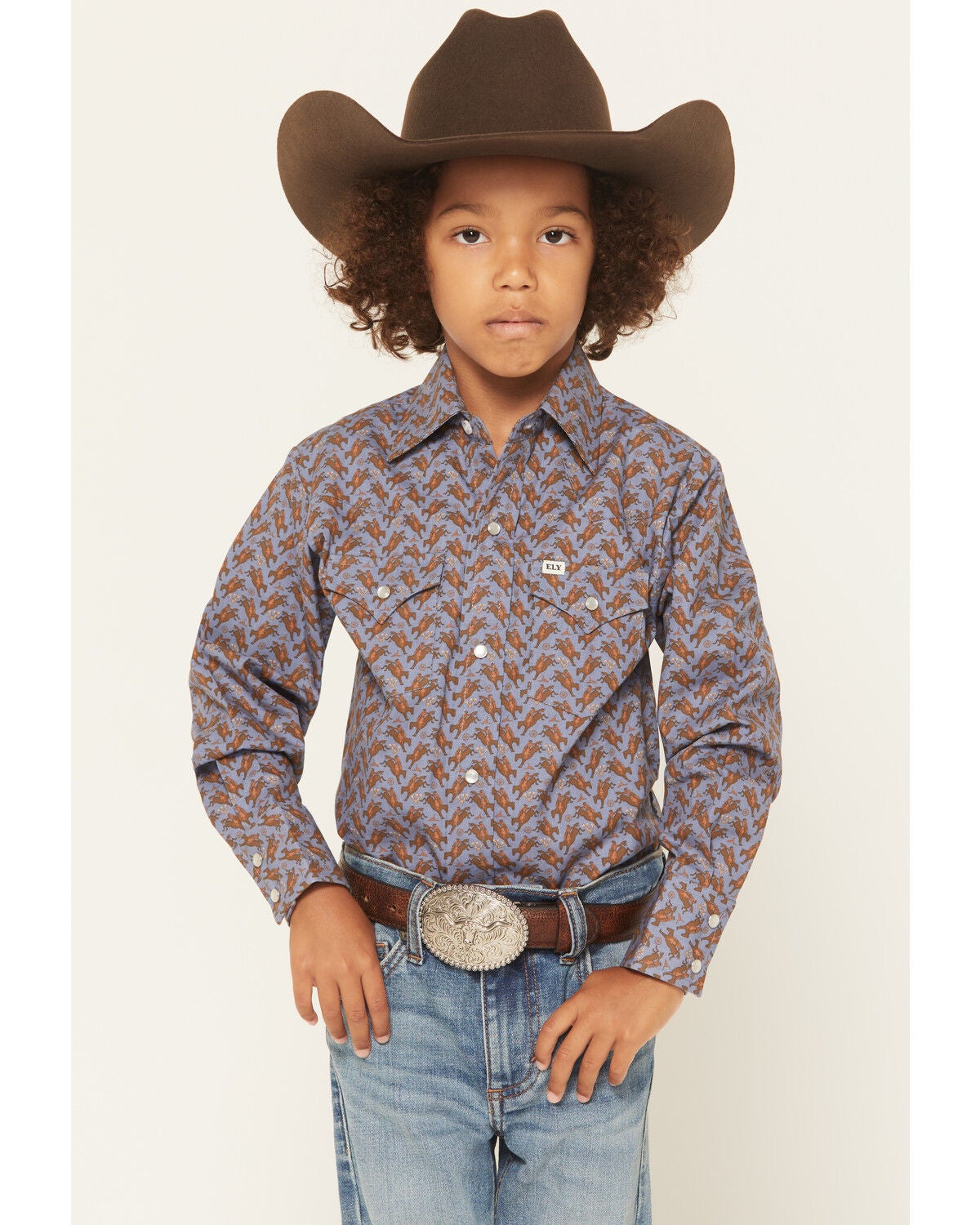 Ely Walker Boys' Cowboy Long Sleeve Snap Western Shirt, Blue, hi-res