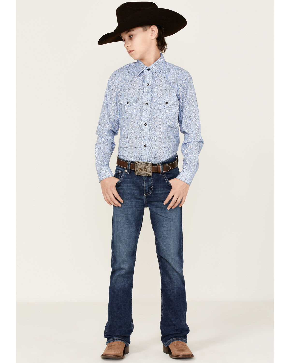 Image #2 - Rock & Roll Denim Boys' Medallion Print Long Sleeve Western Snap Shirt, Blue, hi-res