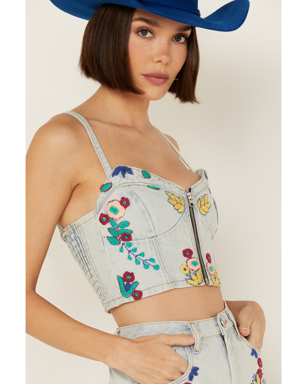 Image #3 - Blank NYC Women's Light Wash Picnic Date Embroidered Denim Crop Top, , hi-res