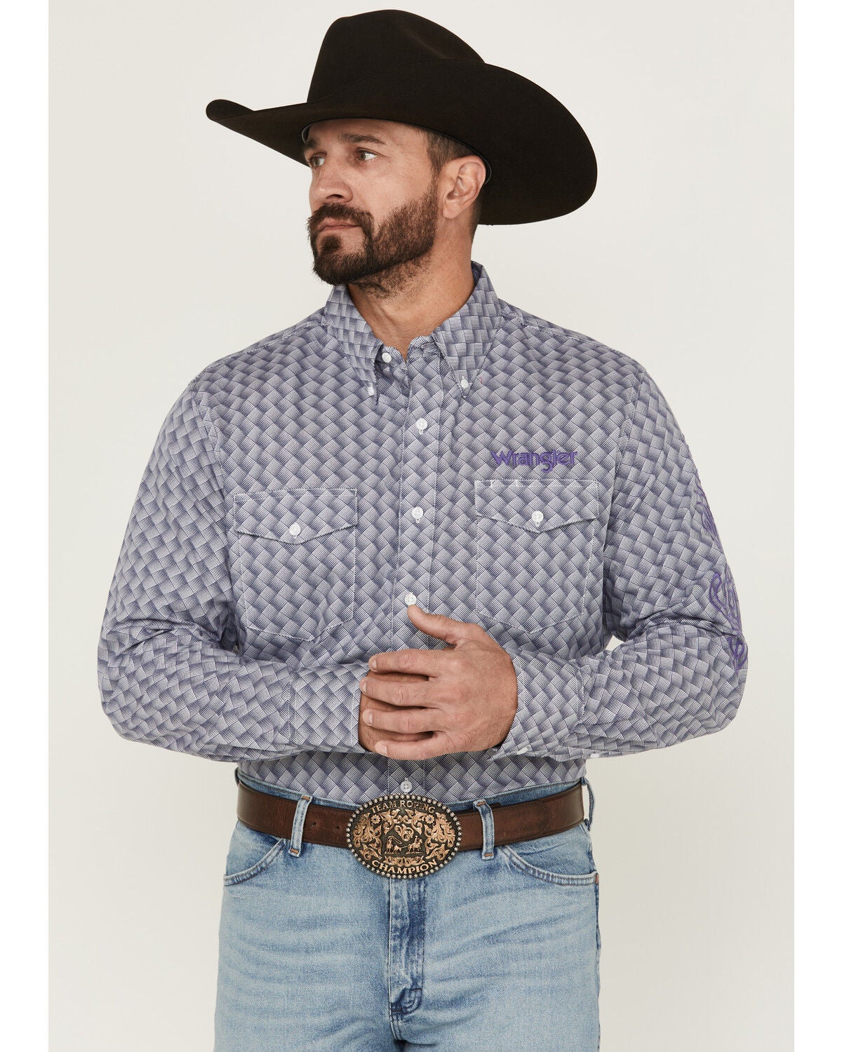 Wrangler Men's Printed Logo Long Sleeve Button-Down Western Shirt, Navy, hi-res