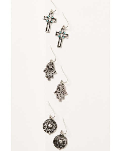 Shyanne Women's Cross Hamsa Metal Earring Set , Silver, hi-res