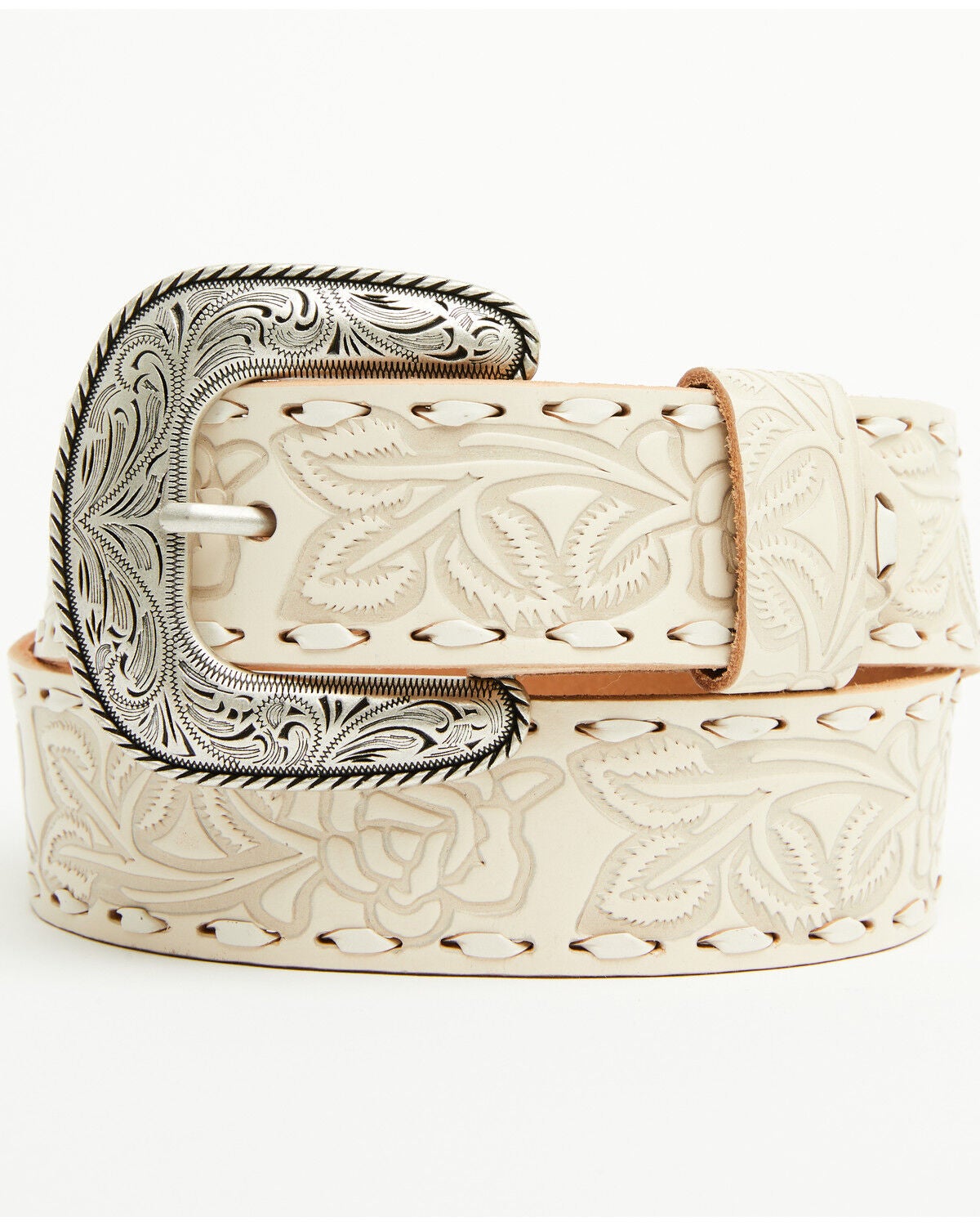 Shyanne Women's Rose Embossed Verity Classic Buckle Belt, Cream, hi-res