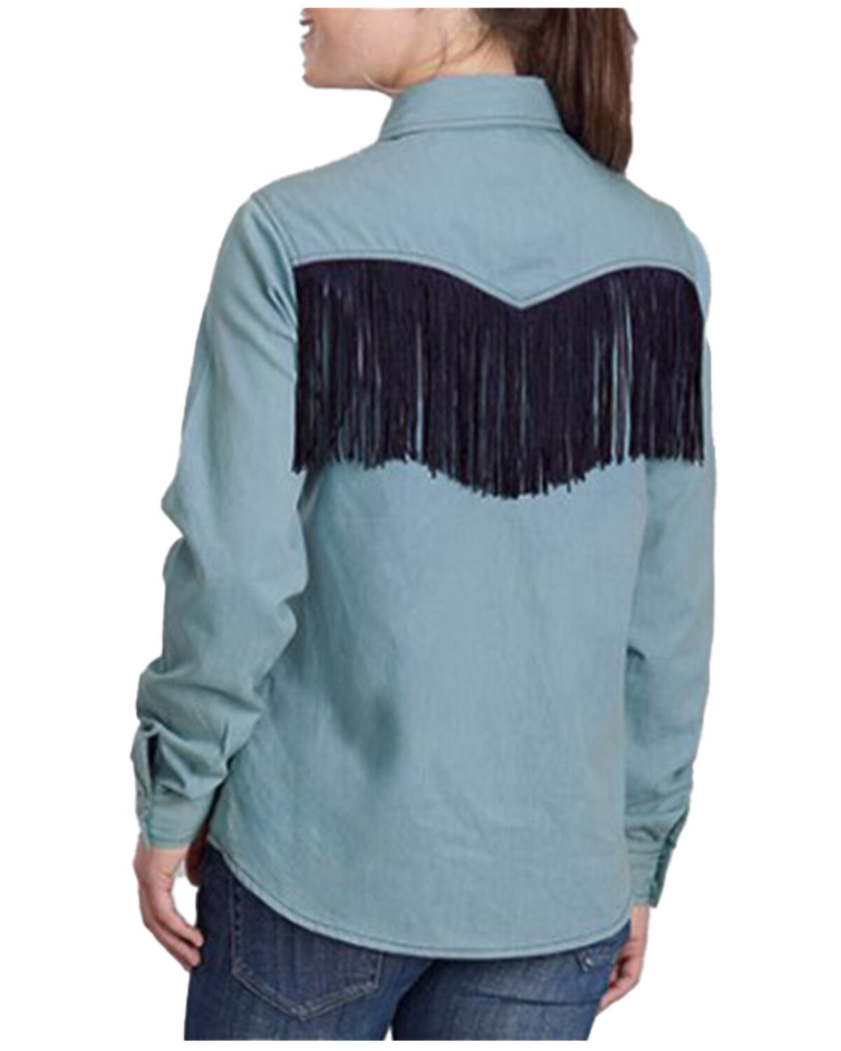 Image #2 - Roper Women's Light Wash Long Sleeve Fringe Button-Down Denim Shirt, Light Blue, hi-res