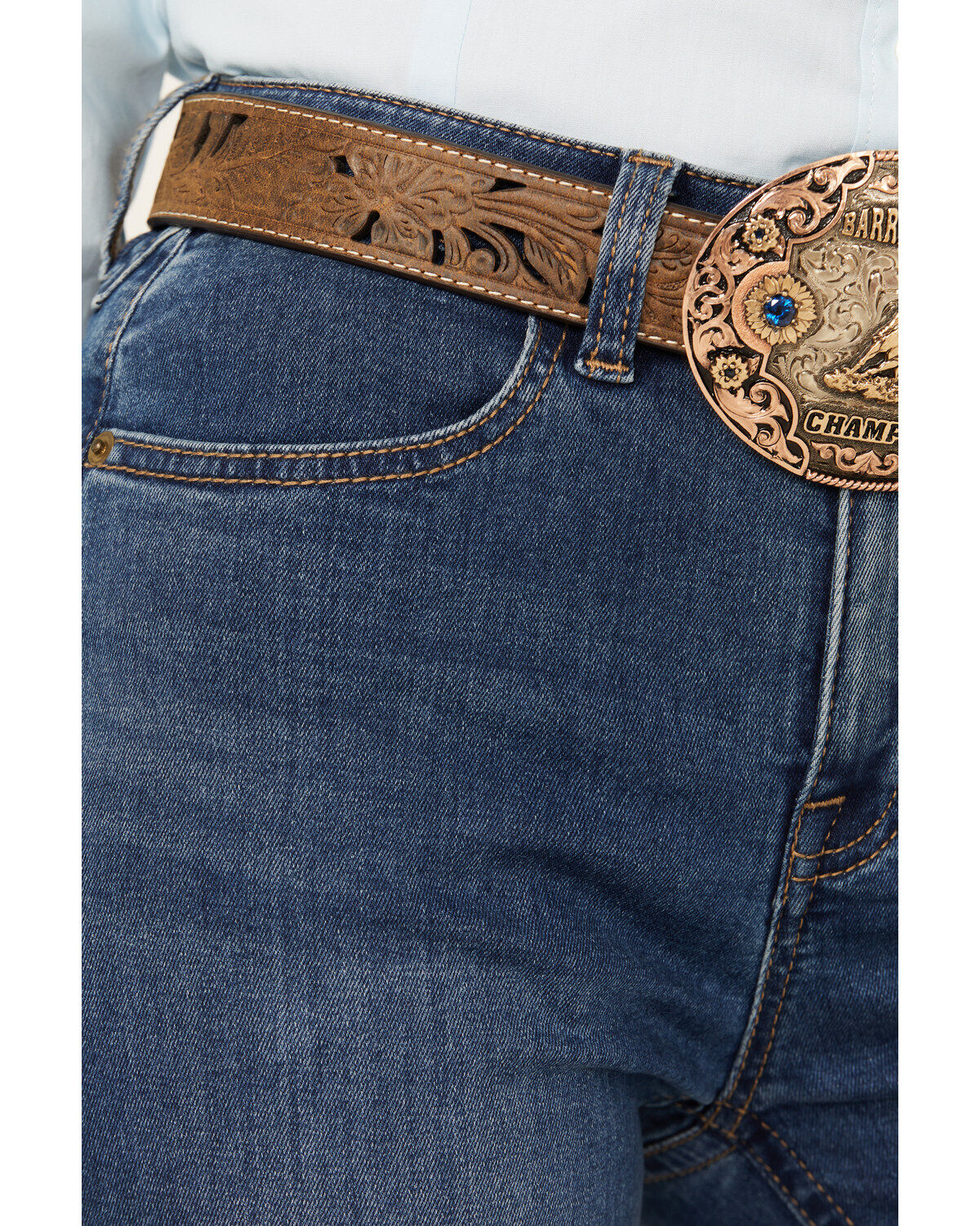 Image #2 - Rock & Roll Denim Women's Medium Wash High Rise Curved Yoke Trouser Stretch Denim Jeans, Medium Wash, hi-res