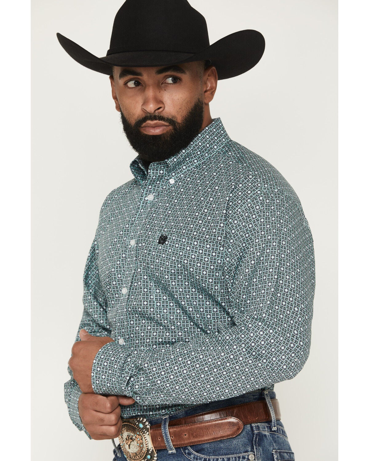 Image #2 - Cinch Men's Geo Print Long Sleeve Button-Down Western Shirt, Green, hi-res