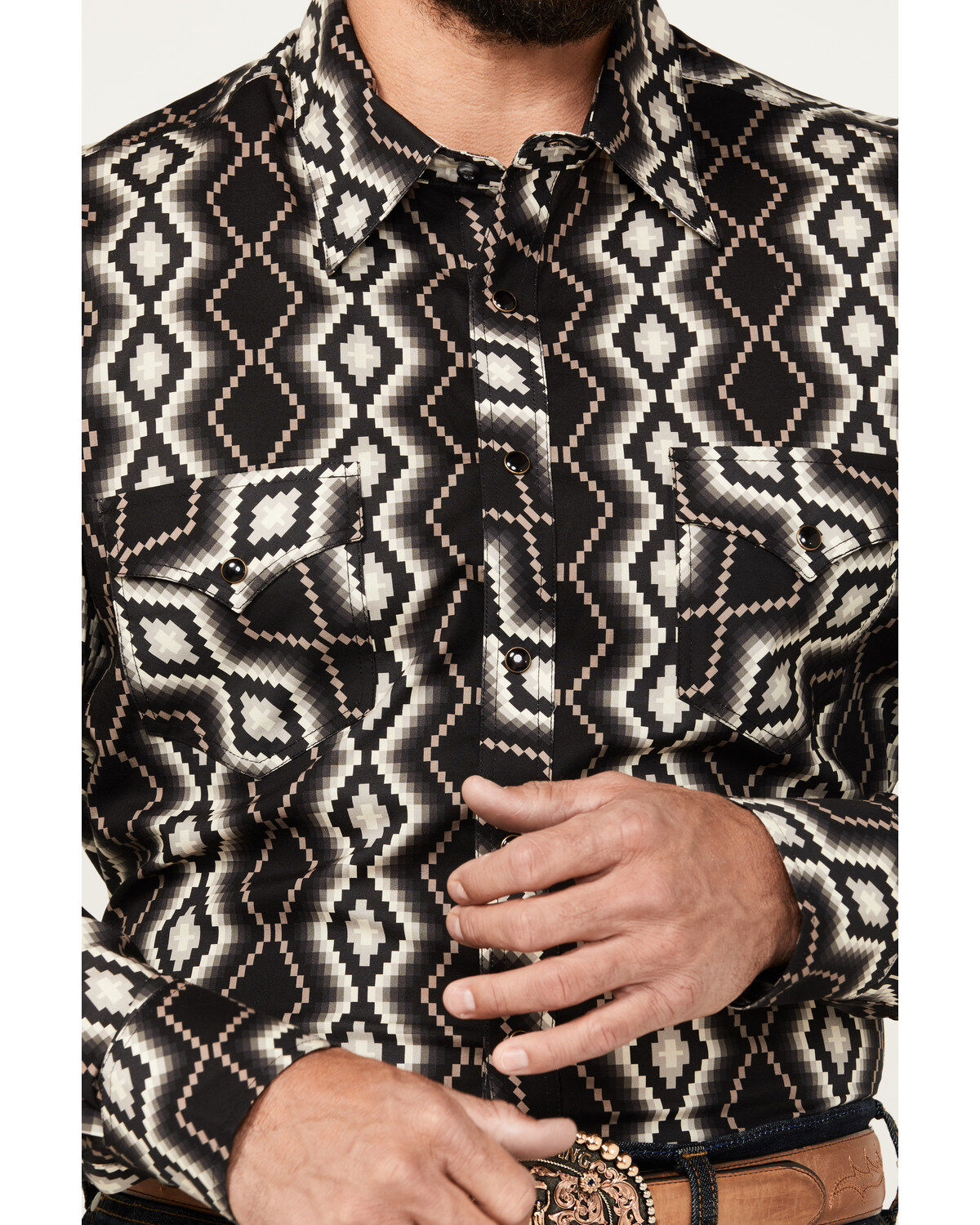 Image #3 - Rock & Roll Denim Men's Southwestern Print Long Sleeve Snap Stretch Western Shirt, Black, hi-res
