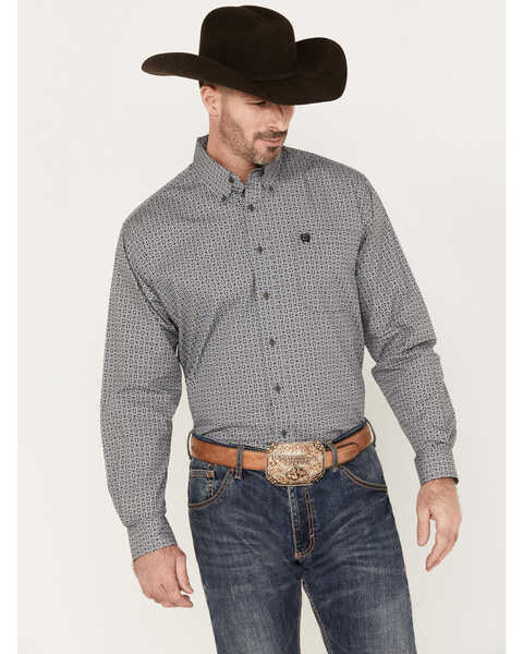 Cinch Men's Geo Print Button-Down Long Sleeve Western Shirt, Grey, hi-res