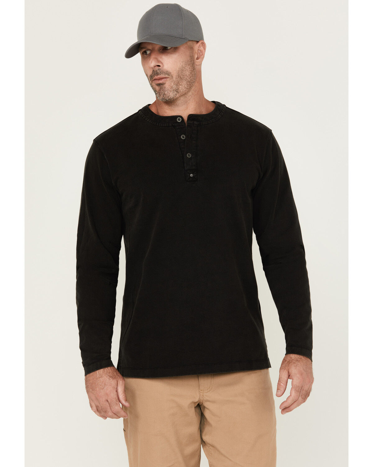 Image #1 - Thorogood Men's Heavyweight Vintage-Wash Long Sleeve Henley Shirt, Black, hi-res