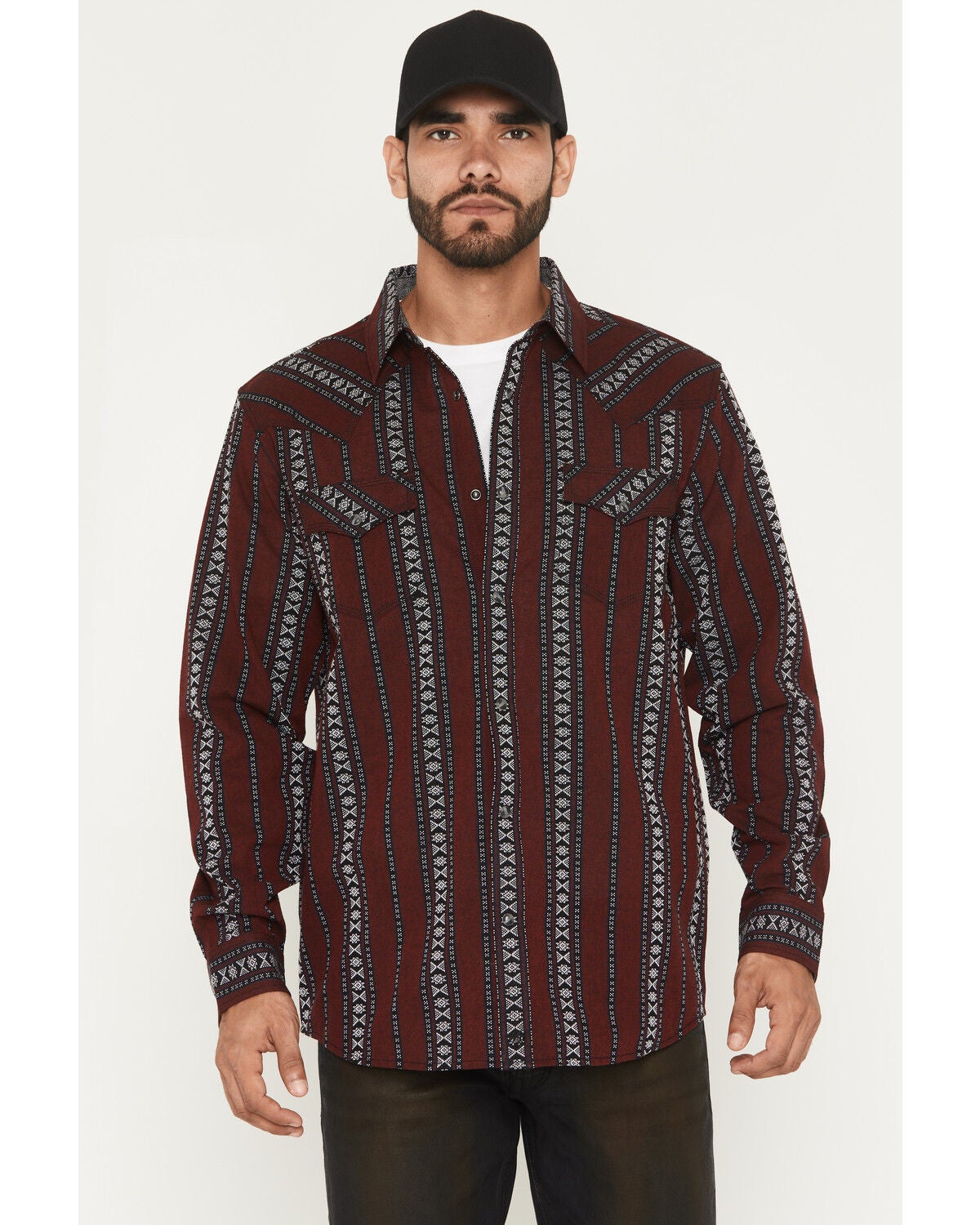 Moonshine Spirit&reg; Men's Guitar Strap Dobby Stripe Long Sleeve Snap Western Shirt, Burgundy, hi-res