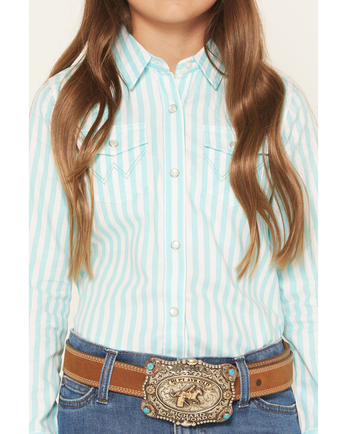 Image #3 - Wrangler Girls' Striped Long Sleeve Pearl Snap Western Shirt, Teal, hi-res
