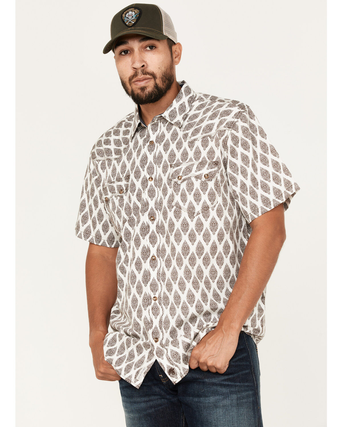 Image #2 - Moonshine Spirit Men's Bar Stool Floral Geo Print Snap Western Shirt, Brown, hi-res
