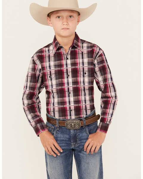 Panhandle Boys' Plaid Print Long Sleeve Snap Western Shirt, Maroon, hi-res
