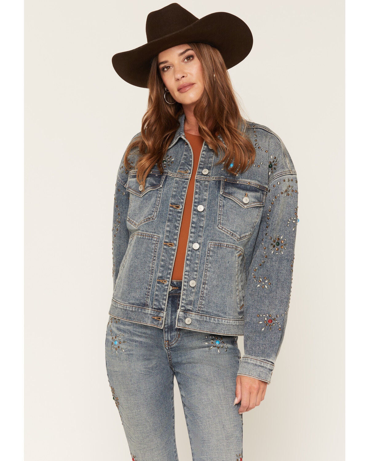 Shyanne Women's Spirit Studded Oversized Denim Jacket, Medium Wash, hi-res