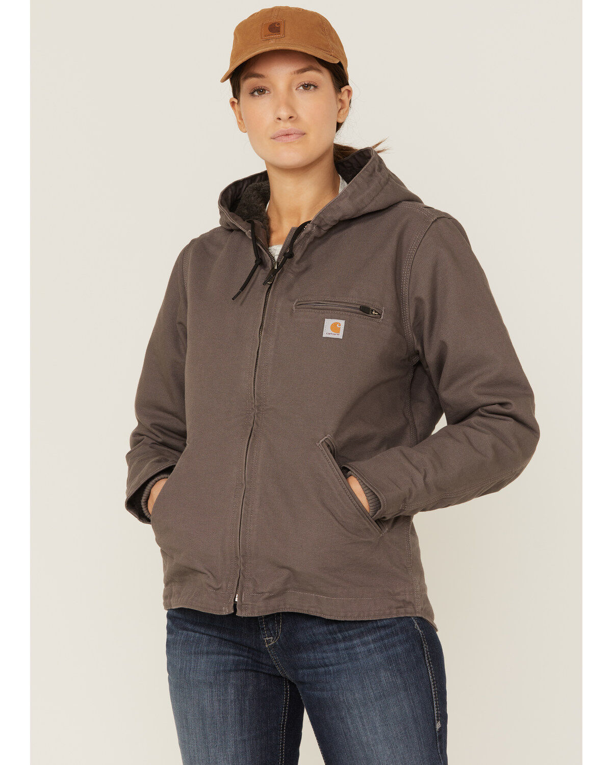 Image #1 - Carhartt Women's Taupe Washed Duck Sherpa-Lined Jacket, , hi-res