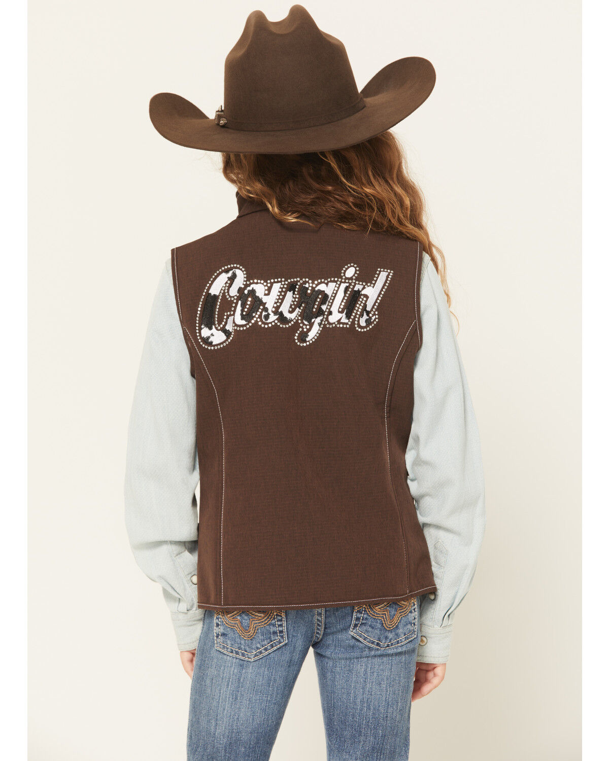 Image #4 - Cowgirl Hardware Girls' Cowgirl Cowhide Print Softshell Vest, Brown, hi-res